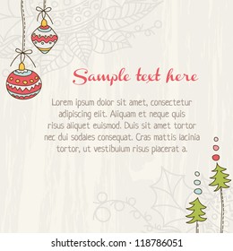 Ornaments with firs. Christmas and New Year background for greeting card.