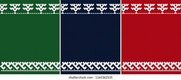 Ornaments of Khanty nation. Tradition Finno-Ugric ornaments. A set of seamless knitted patterns in bright colors. Realistic knitted texture for background of the site, postcards, wallpapers, banners