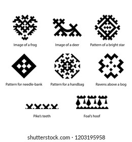 Ornaments of Khanty nation. Tradition Finno-Ugric ornaments. Vector complex nordic geometric ornament. Siberian folk geometric print with ornamental motifs of mansi people in black and white