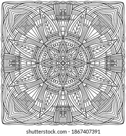 ornaments with linear figures forming a square mandala drawn on a white background for coloring, vector, mandala