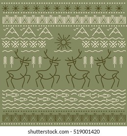 Ornaments of the North, Scandinavia, Yakutia, Indians. Fish, deer, trees, waves, folk, ethnic decoration.