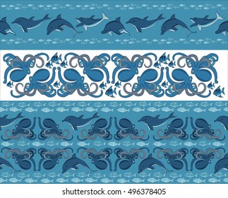 ornaments of octopus, dolphins and fish, vector illustration