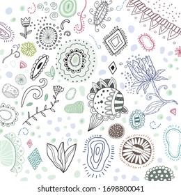 Ornaments pattern for textile, abstract shapes and flowers, dots, leaves. Summer mood.