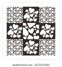 Ornaments or patterns composed of heart symbol, monochromatic for graphic sources, decorations and backgrounds