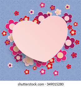 Ornaments with rose heart and flowers on the serenity background. Eps 10 vector file.