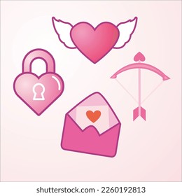 Ornaments with a Valentine theme include a heart-shaped padlock, a heart with wings, arrows, and a message decorated with love in pink