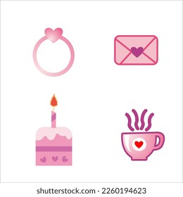 Ornaments with a Valentine theme include rings with love gems, cakes, messages and a cup of coffee in pink