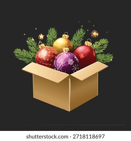 Los adornos de varios colores y texturas están en una caja de cartón abierta, acentuada por ramas de pino verde. Colocado sobre un fondo oscuro, resaltando un arreglo festivo.