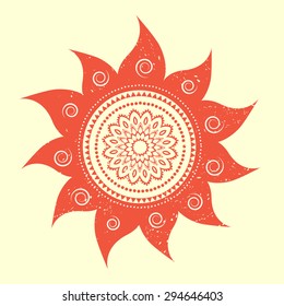 Ornametal Sun ethnic, celebration card with mandala. Invitation card in vector. Perfect cards for any other kind of design and other holiday, kaleidoscope,  medallion, yoga, india, arabic
