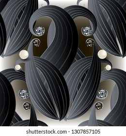 Ornate 3d Paisley jewelry gemstones vector seamless pattern. Black hand drawn striped line art tracery flowers with white pearls and black diamonds. Ornamental gem stones glowing textured background. 