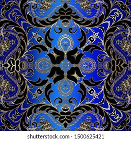 Ornate 3d Paisley vector seamless pattern. Blue ornamental floral silk background. Vintage gold lacy paisley flowers. Damask ornament in baroque renaissance style. Beautiful elegance textured design.