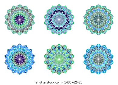 Ornate abstract colorful mosaic triangle mandala logo set - ornamental polygonal circular vector graphic elements from triangles