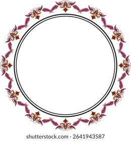An ornate abstract digital art piece featuring a symmetrical circular frame with stylized purple and gold floral accents on a clean white background, perfect for invitations or decorative borders.