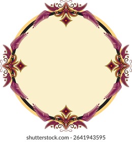 An ornate abstract digital art piece featuring a symmetrical diamond-shaped frame with stylized purple and gold floral accents on a cream background, perfect for invitations or decorative elements.