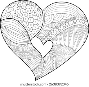 Ornate Abstract Heart Line Art, Detailed black and white line drawing of a heart filled with intricate abstract patterns. Includes small geometric shapes, waves, lines, and a smaller blank heart