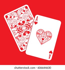 An ornate ace of hearts sits on top of a custom backed playing card in vector format.