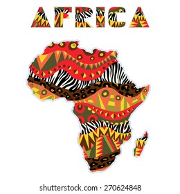 Ornate Africa continent with art title. Map element with bright tribal and wild animals skin patterns at abstract continent silhouette and word. Multicolored capital letters. Vector file is EPS8.