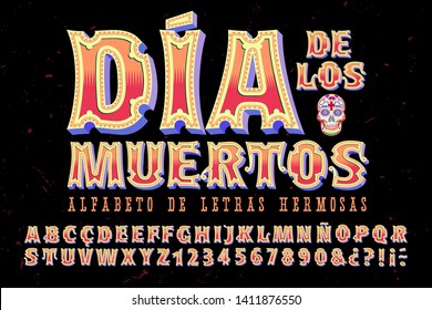 An ornate alphabet with a latin flair. Translation of text: “Day of the Dead, alphabet of beautiful letters.”