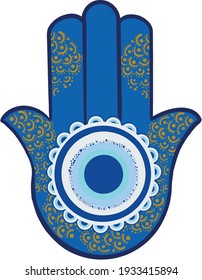 Ornate amulet Hamsa Hand of Fatima. Ethnic obereg against the evil eye and spoilage, common in Indian, Arabic and Jewish cultures.