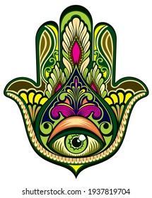  Ornate amulet Hamsa Hand of Fatima. Ethnic amulet common in Indian, Arabic and Jewish cultures.