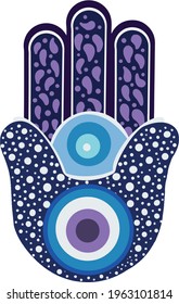 Ornate amulet Hamsa Hand of Fatima. Ethnic obereg against the evil eye and spoilage, common in Indian, Arabic and Jewish cultures.