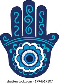 Ornate amulet Hamsa Hand of Fatima. Ethnic obereg against the evil eye and spoilage, common in Indian, Arabic and Jewish cultures.