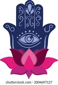 Ornate amulet Hamsa Hand of Fatima. Ethnic obereg against the evil eye and spoilage, common in Indian, Arabic and Jewish cultures.
