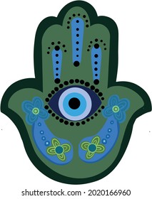 Ornate amulet Hamsa Hand of Fatima. Ethnic obereg against the evil eye and spoilage, common in Indian, Arabic and Jewish cultures.