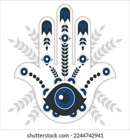 Ornate amulet Hamsa Hand of Fatima. Ethnic obereg against the evil eye and spoilage, common in Indian, Arabic and Jewish cultures.