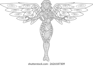 Ornate Angel Line Art Illustration, Detailed black and white line art drawing of an angel figure with intricate decorative patterns on the body and wings. Ideal for coloring books, spiritual themes,