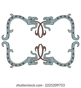 Ornate animal frame with fantastic snakes or dragons with protruded forked tongues. Ancient Mexican design or Mixtec Indians. Pre Columbian Native American art. Isolated vector illustration.