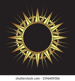 Ornate antique gold etching style frame in a shape of sun rays hand drawn vector illustration