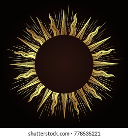 Ornate antique gold etching style frame in a shape of sun rays hand drawn vector illustration.