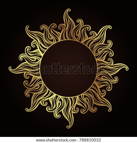 Ornate antique gold etching style frame in a shape of sun rays hand drawn vector illustration.