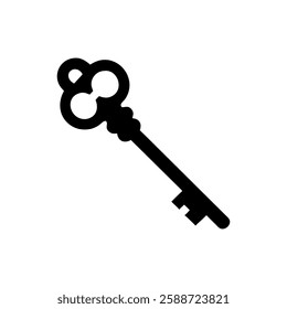 Ornate antique key graphic design, Old key vector house icon logo. Old key silhouette antique lock illustration