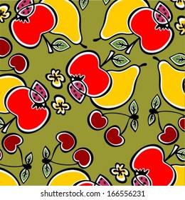 Ornate apple and pear pattern on a green background.