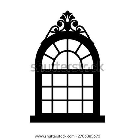 Ornate arched window frame silhouette vector illustration vintage decorative architecture icon for interior design and classic building template