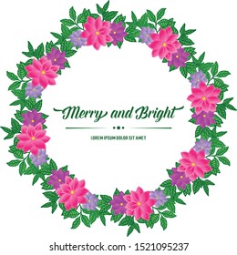 Ornate art of colorful wreath frame for template of card merry and bright. Vector