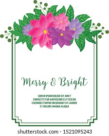 Ornate art of colorful wreath frame for template of card merry and bright. Vector