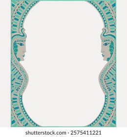 Ornate art deco frame with symmetrical design. Features intricate patterns and stylized faces. Elegant and decorative, perfect for vintage-themed projects. Vintage style art, isolated vector.