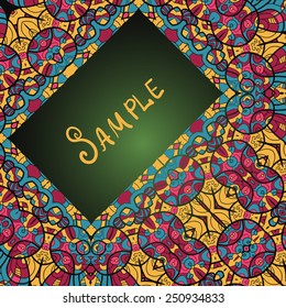 Ornate artistic illustration: intricate patterned design showcases bold colours and complex detailing with ethnic-inspired motifs, creating dynamic visual interest for creative applications. Central dark green rectangle displays word SAMPLE in elegant cursive typeface rendered in warm golden hue against that background. Kaleidoscopic border surrounds main element with circular shapes and abstract forms in rich palette of reds, blues, yellows, and purples. Repeating patterns establish harmonious rhythm and draw attention to sophisticated embellishments throughout composition. This imagery suggests joyful celebratory mood perfect for youthful branding projects and promotional materials. Contemporary style with traditional influence works well for stationery, textiles, and marketing backdrops across diverse creative industries.