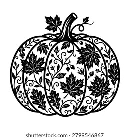 Ornate autumn pumpkin vector icon. Mandala filigree squash with maple leaves for Cricut, Thanksgiving decor, and fall season design
