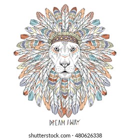 ornate aztec lion portrait, native american poster, t-shirt print, animal illustration
