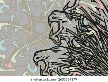 Ornate backdrop with tiger heads and floral motifs. Animal motifs for dynamic posters, business concepts, covers, fashion trends, interiors, tiles, fabric products or prints, wallpaper, textiles, etc.