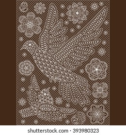 Ornate background with creative birds and flowers. Decorative dove and sparrow. Black and white colors. Vector illustration. 