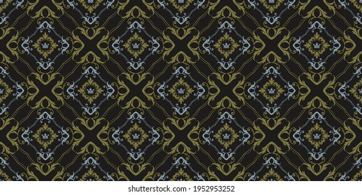 Ornate background pattern with decorative ornaments on a black background, wallpaper. Seamless pattern, texture for your design. Vector image 