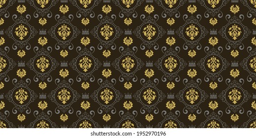 Ornate background pattern with gold ornaments on a black background, wallpaper. Vintage. Seamless pattern, texture for your design. Vector image