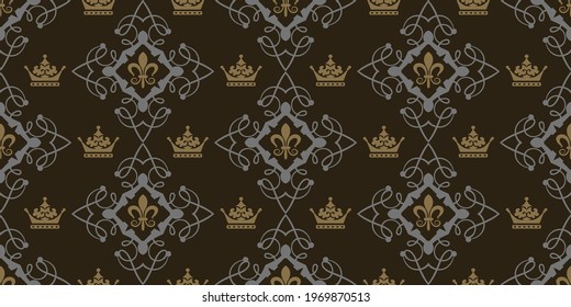 Ornate background pattern in royal style on black background, wallpaper. Seamless pattern, texture. Vector graphics
