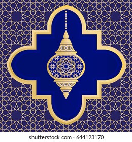 Ornate background with traditional arabic lantern. Ramadan Kareem greeting card template in blue and gold