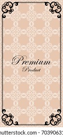 Ornate background, vintage ornamental pattern, label, for packaging and design of luxury products. Made with black frame isolated on colored background. Vector illustration.